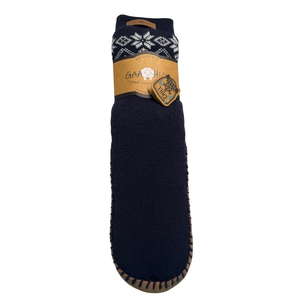 GaaHuu Mens Slipper Socks Navy Blue Fair Isle Snowflake fleece Lined Size 9-12
